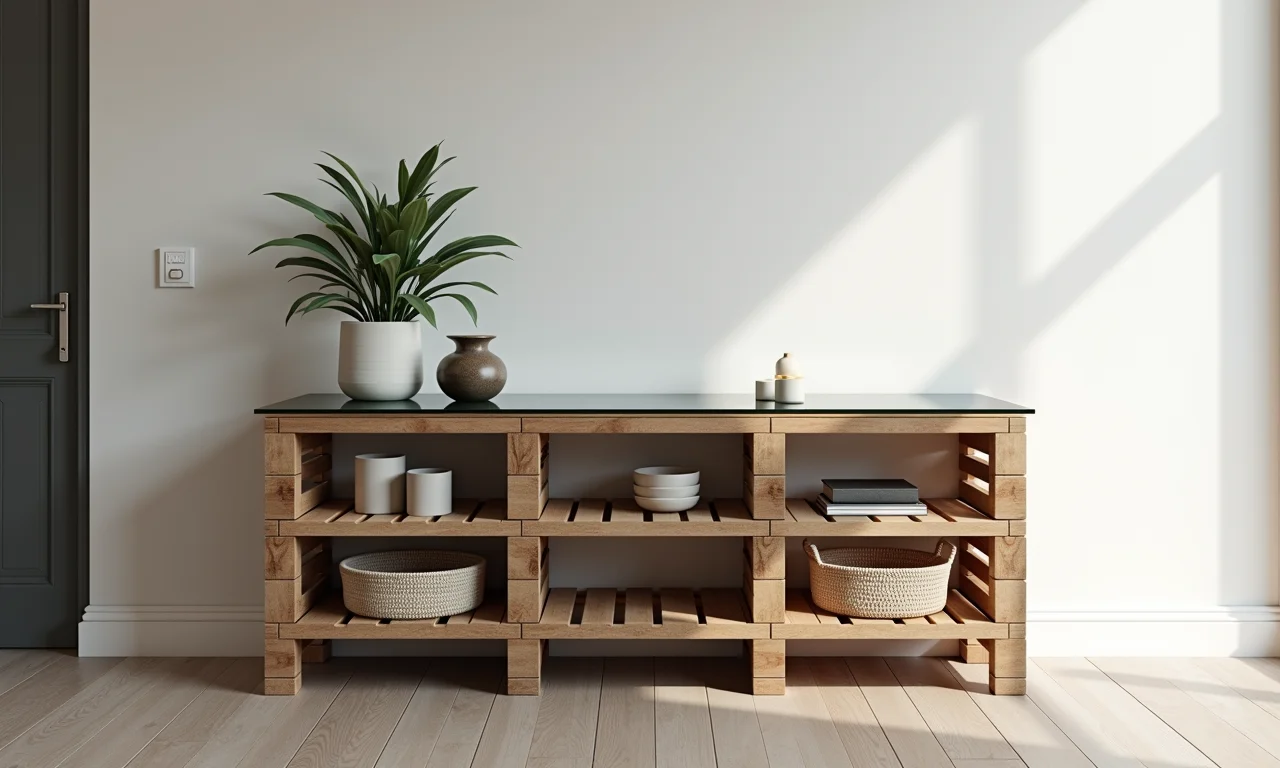 Aparador de paletes com tampo de vidro e design moderno.