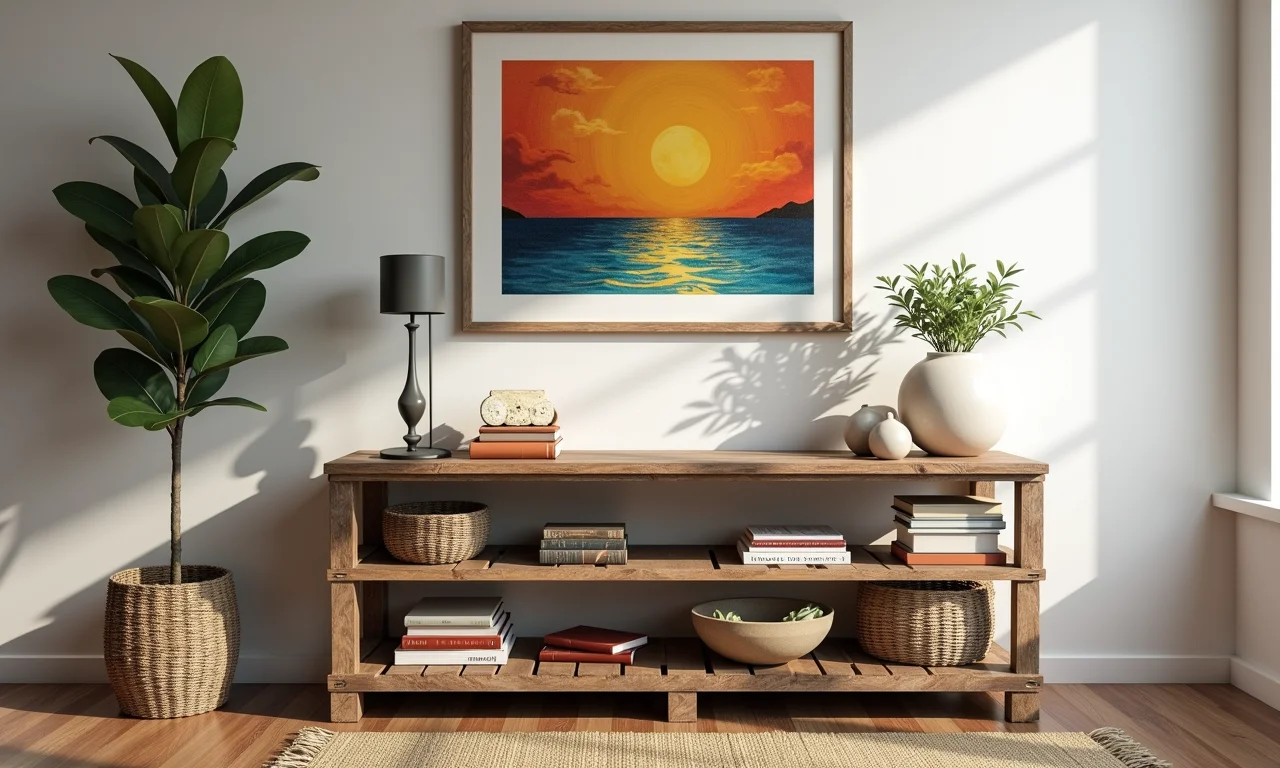 Aparador de paletes na sala de estar com arte brasileira.