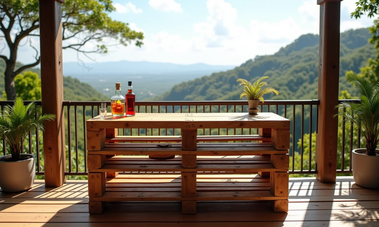 Aparador de paletes na varanda gourmet como mesa de bar.