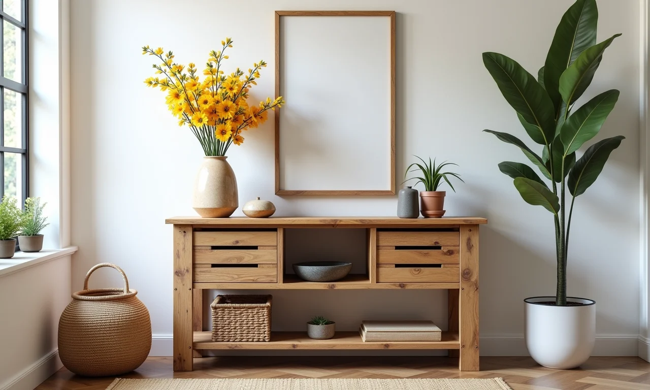 Aparador de paletes no hall de entrada com decoração floral.