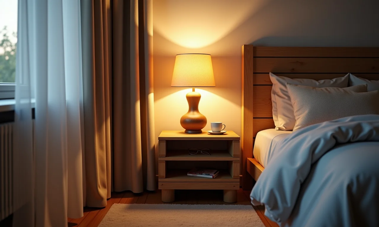 Aparador de paletes no quarto como mesa de cabeceira.