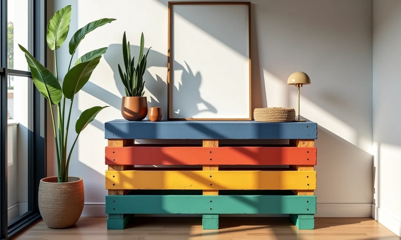 Aparador de paletes pintado com cores vibrantes em uma casa moderna.