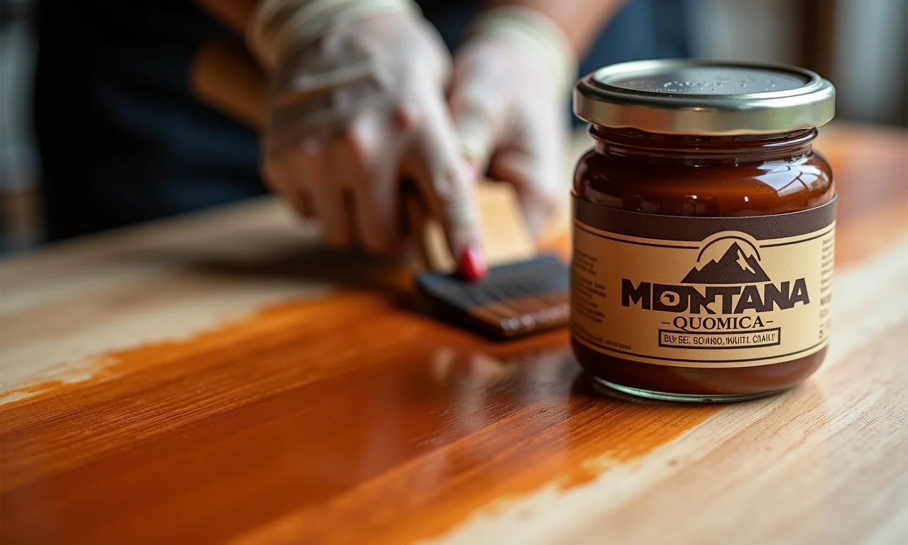 Aplicação de stain Montana Química em uma superfície de madeira.
