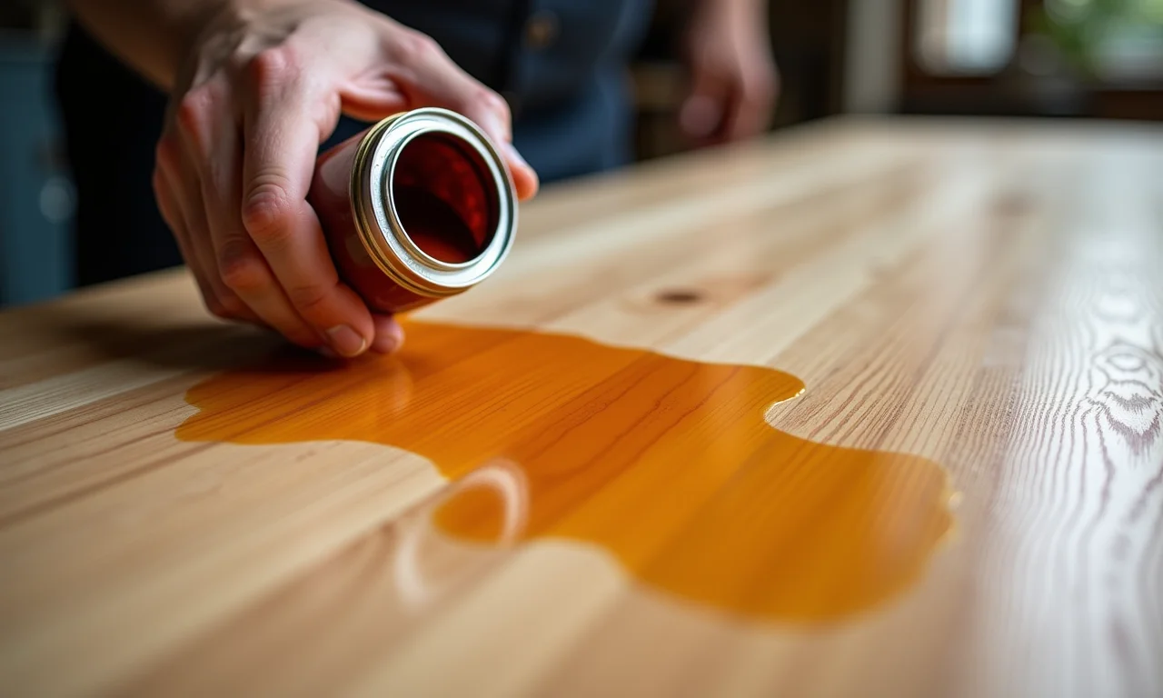Aplicação de stain Osmocolor em uma superfície de madeira.