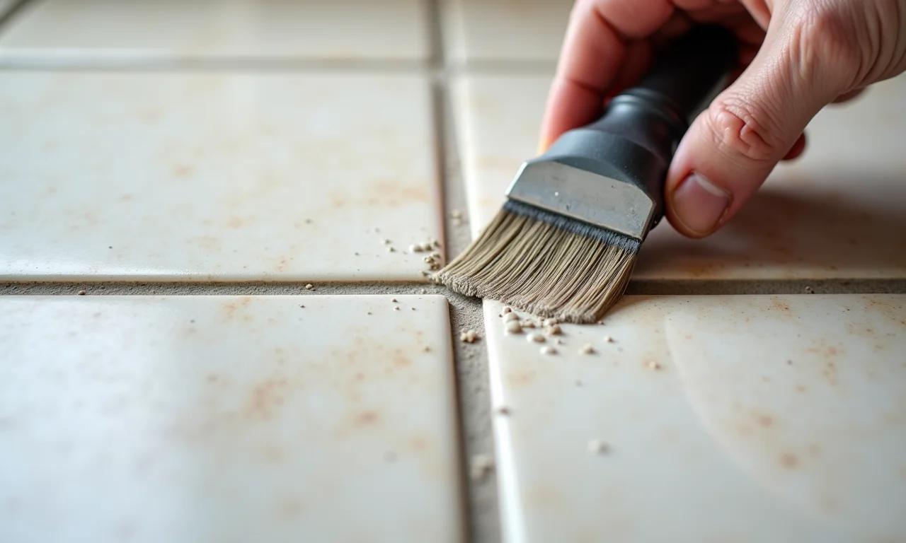 Aplicação detalhada de graute em espaços entre azulejos.