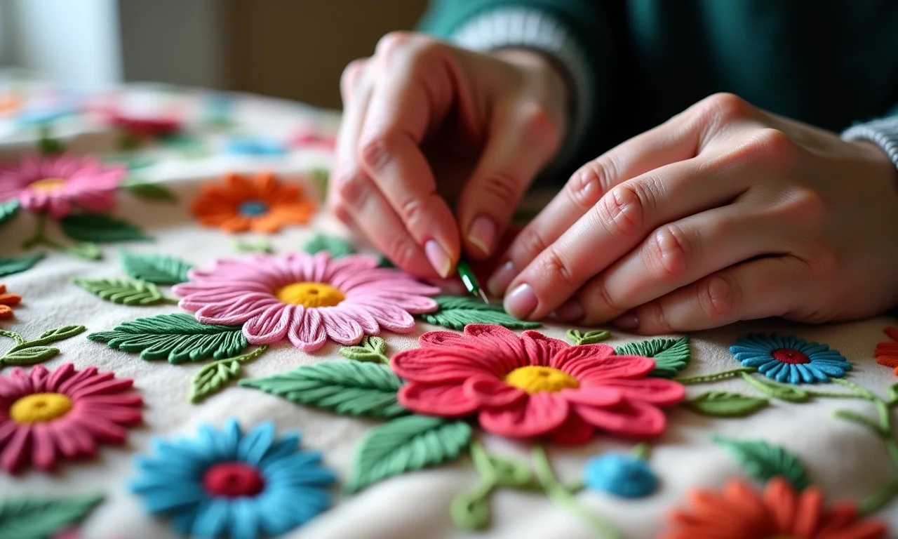 Aplicando bordados coloridos ao cobertor com mangas.