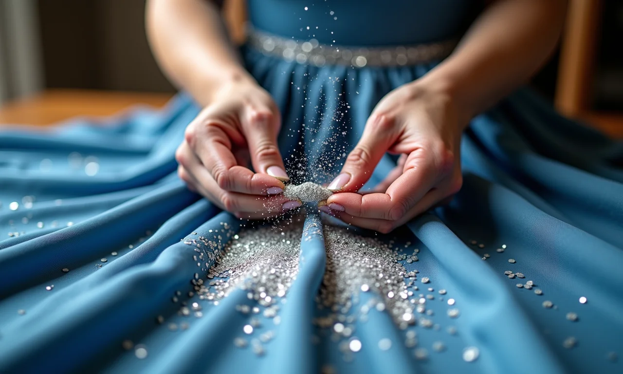 Aplicando glitter prateado em corpete azul de vestido da Frozen.
