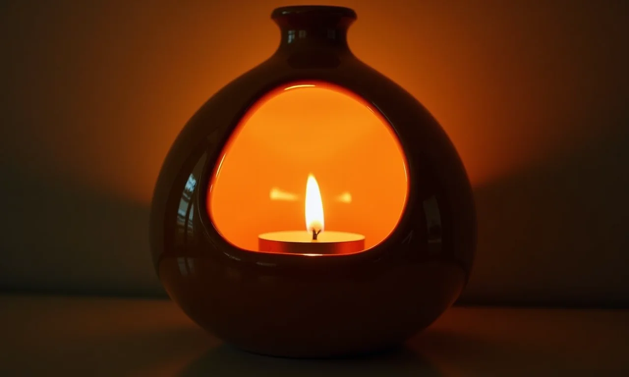 Aquecedor de cerâmica com vela acesa.