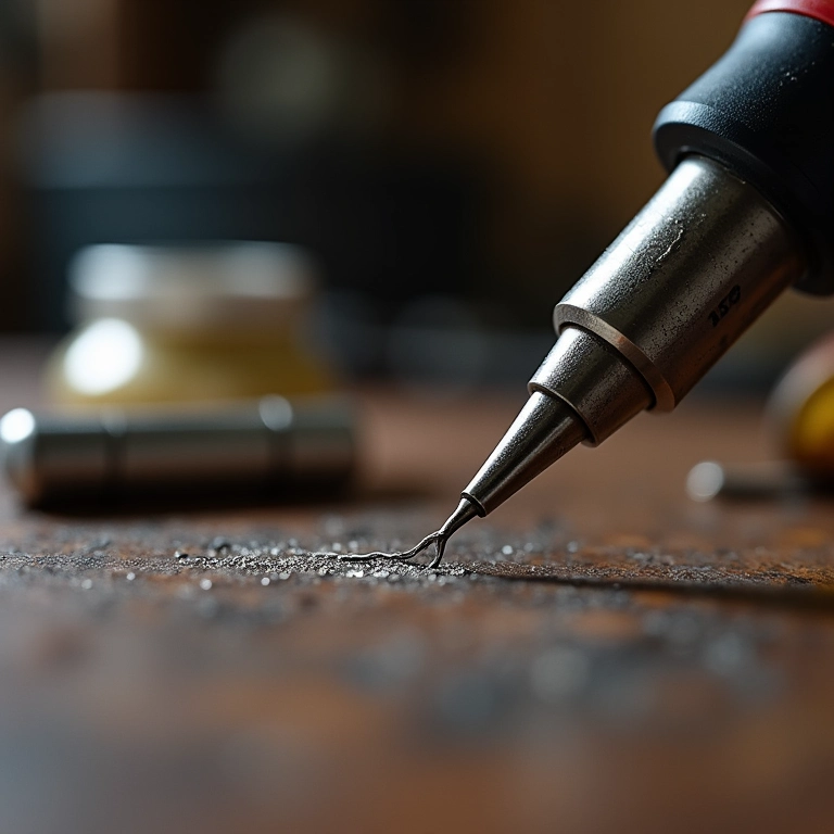 Arame de solda, pasta de fluxo e sugador de solda em uma bancada.