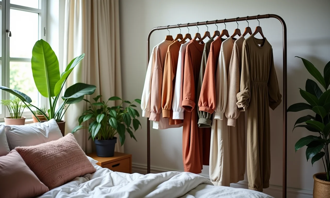 Arara de chão em quarto boêmio, combinando versatilidade e estilo.