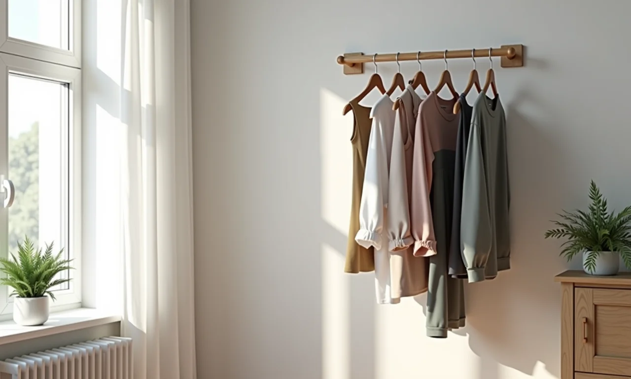 Arara de parede minimalista em apartamento pequeno, otimizando espaço.