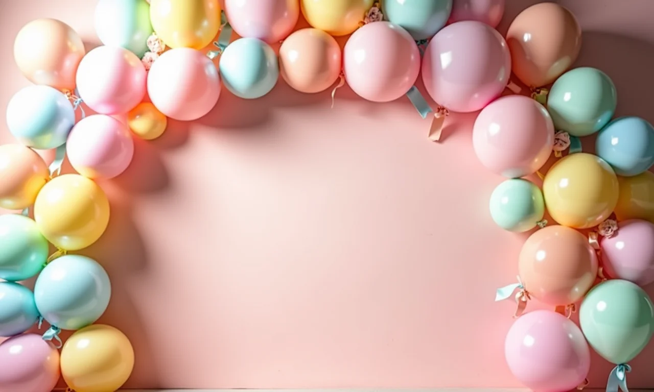 Arco de balões em tons pastel decorando um chá de bebê.