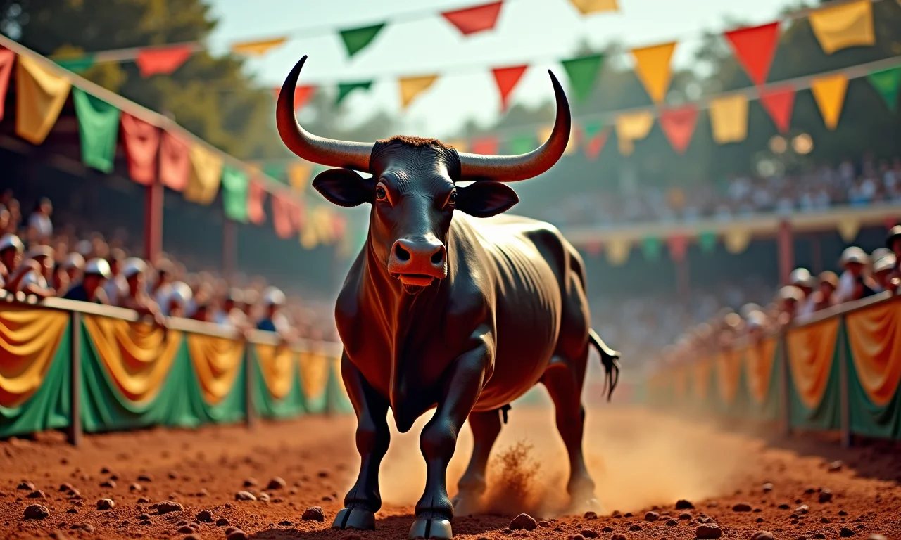 Arena temática para touro mecânico com decoração brasileira.