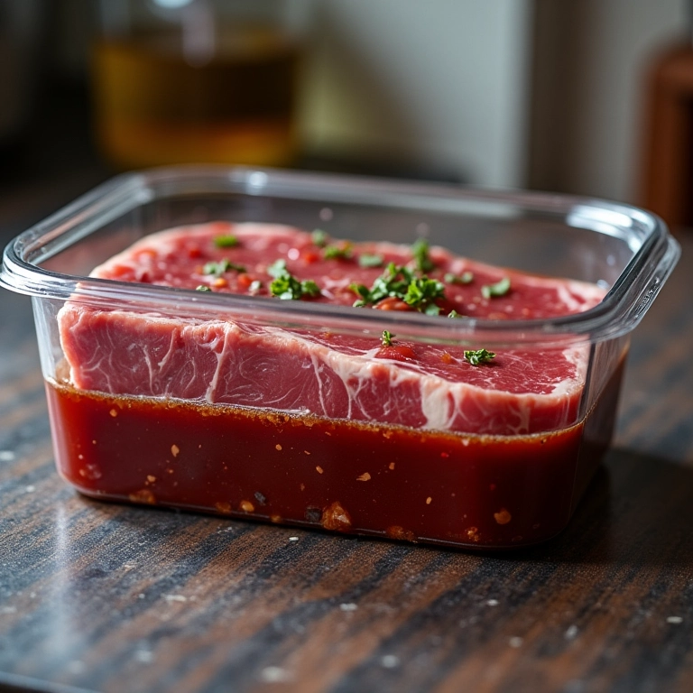Armazenando bife ao molho madeira na geladeira.