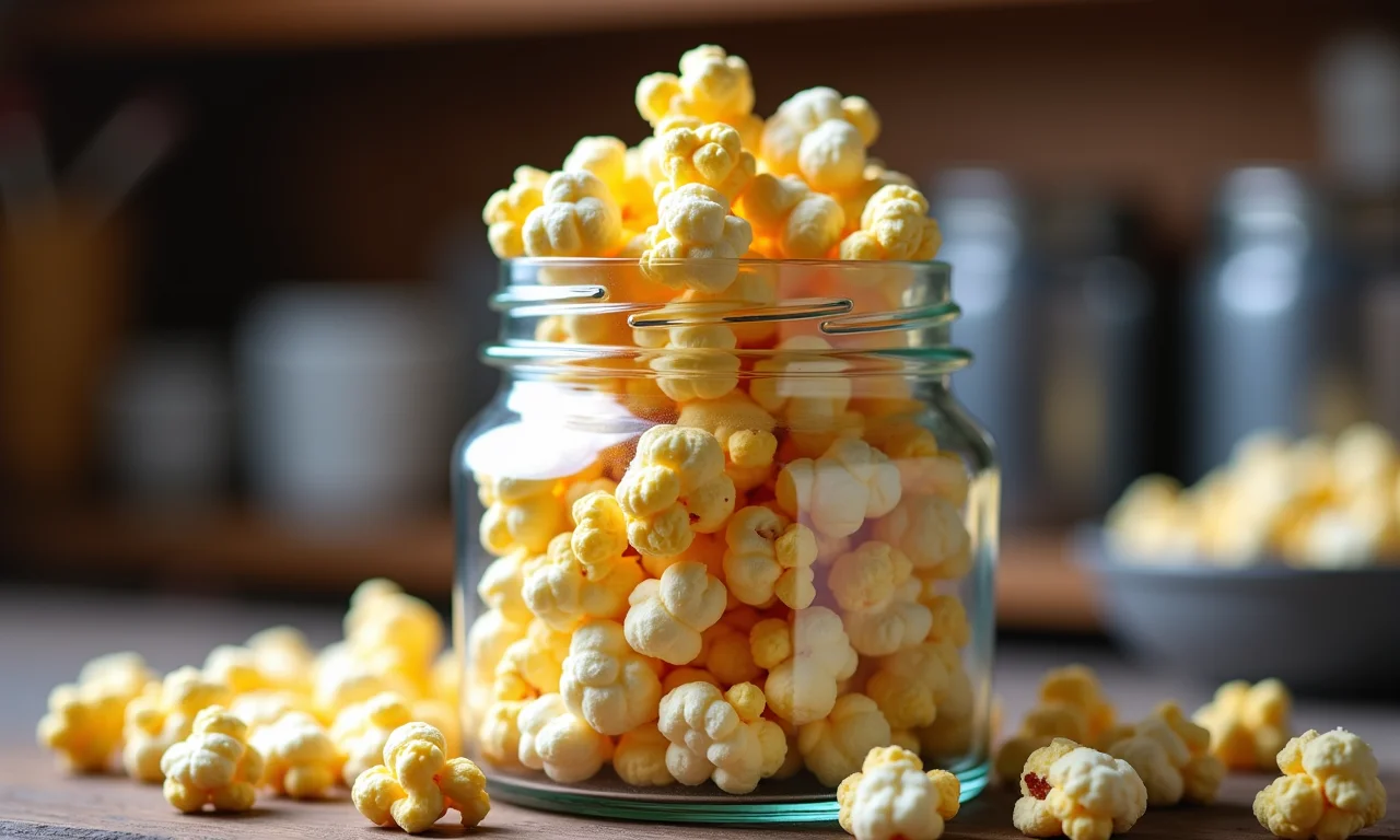 Armazenando pipoca doce em pote de vidro.