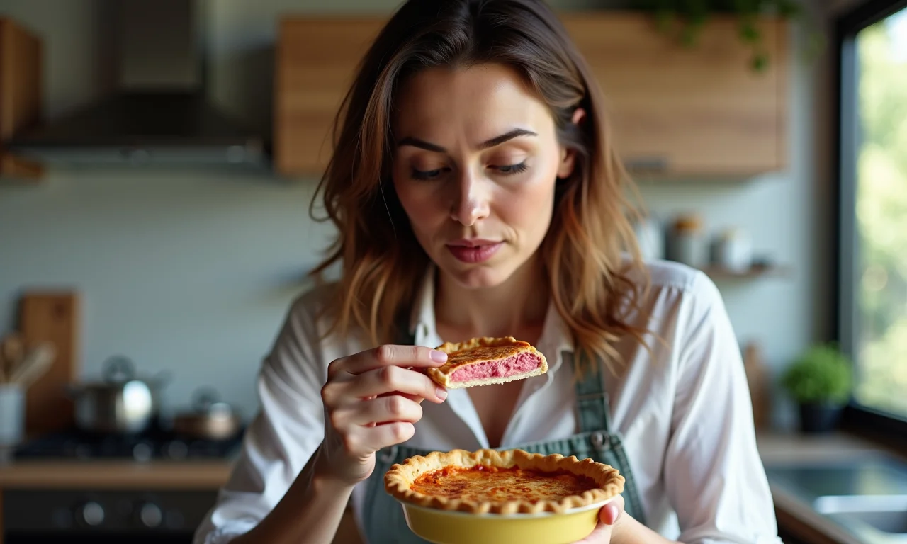 Arquiteta analisando torta de carne perfeita.