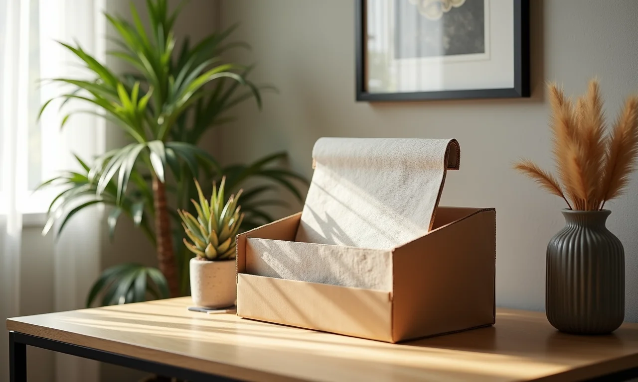 Arquiteta aplicando textura em caixa organizadora de papelão.