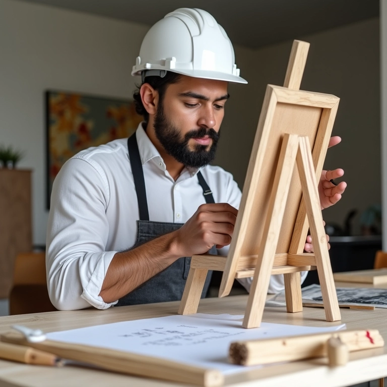 Arquiteta demonstrando montagem de mini cavalete.