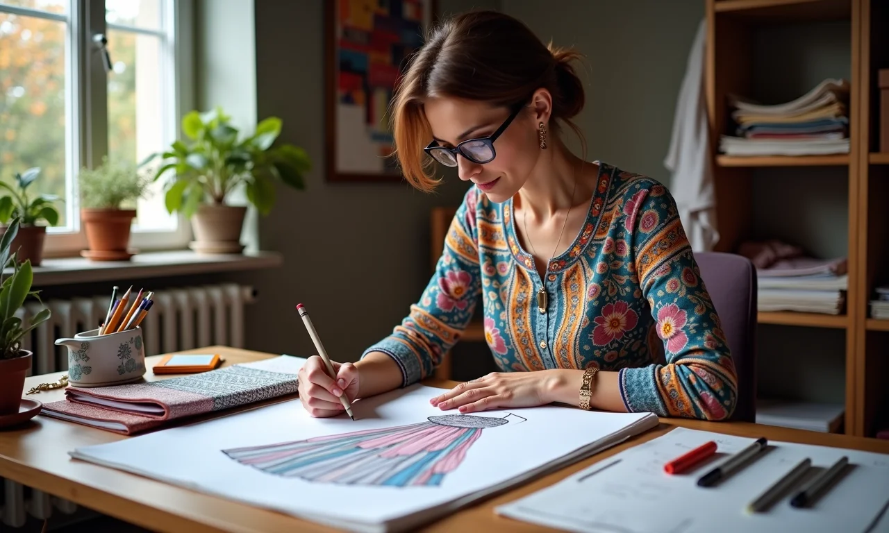 Arquiteta desenhando design de vestido de Festa Junina infantil.