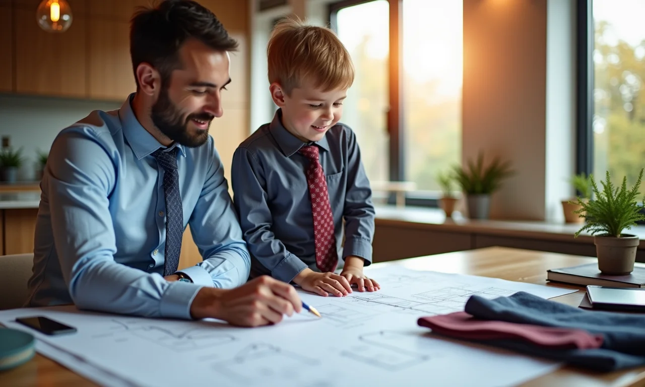 Arquiteta discutindo ideias de design para gravata infantil com amostras de tecido.