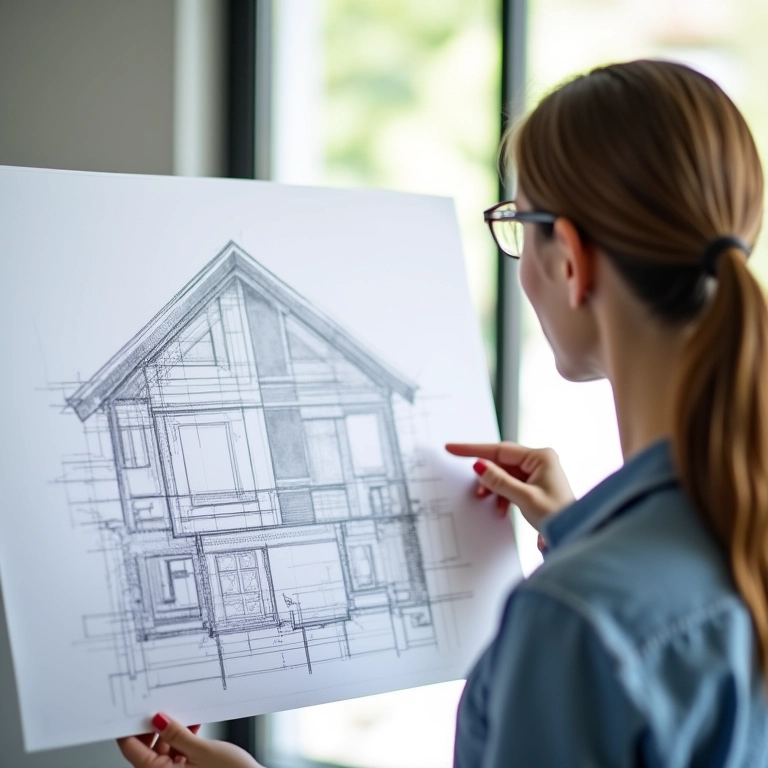 Arquiteta explicando detalhes da cobertura em projeto.