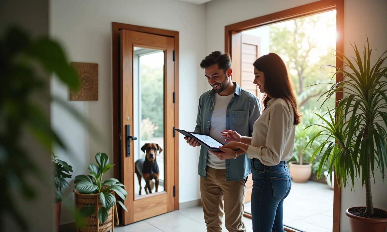 Arquiteta explicando detalhes da portinha de cachorro para cliente em casa brasileira.