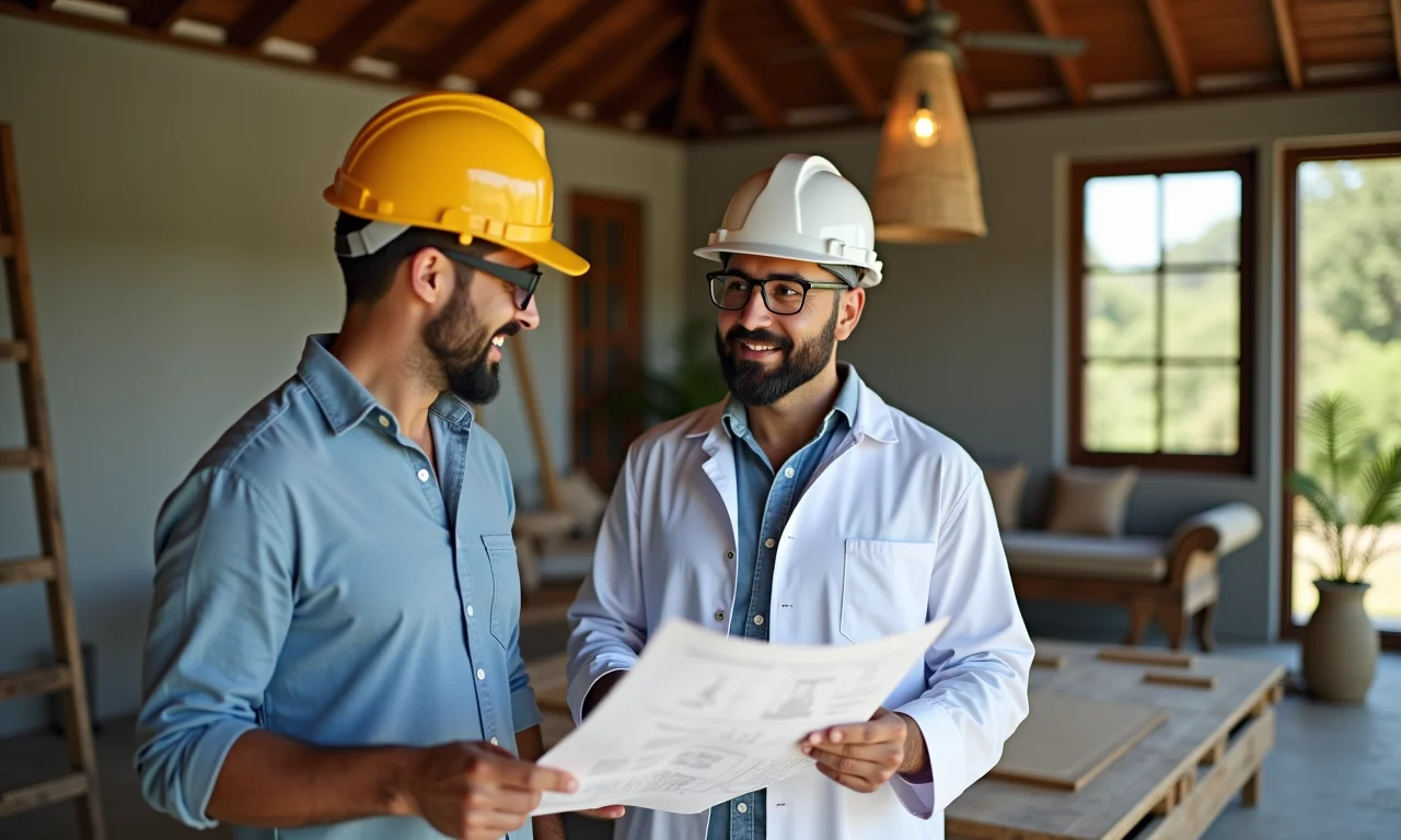 Arquiteta explicando detalhes de construção de lanterna com planta na mão.