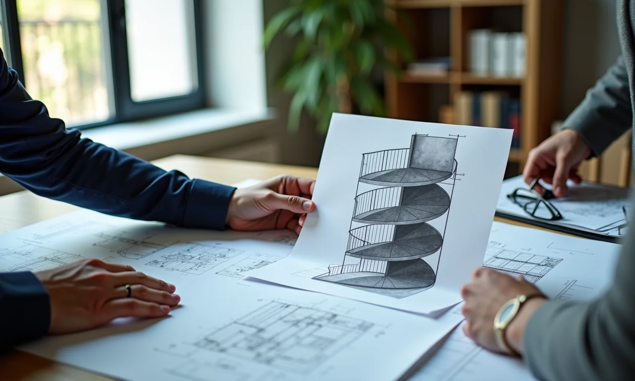 Arquiteta explicando projeto de escada caracol.