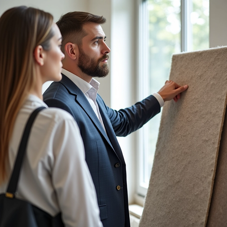 Arquiteta mostrando amostra de tapete de lã para cliente em escritório.