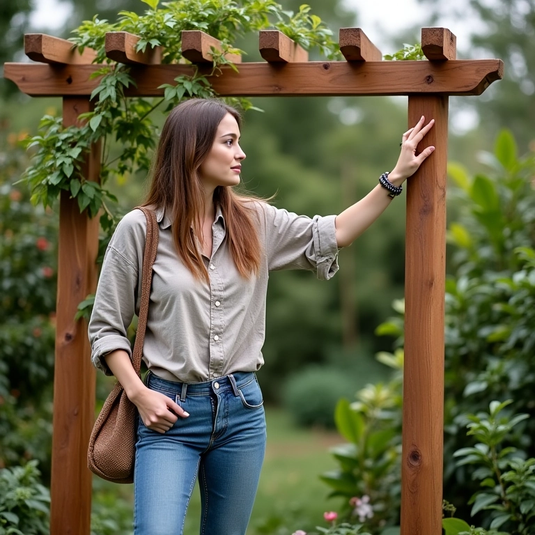 Arquiteta mostrando treliça sustentável de madeira reciclada.
