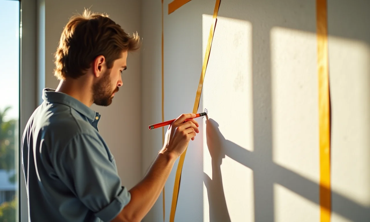 Arquiteta planejando design geométrico na parede com fita crepe.