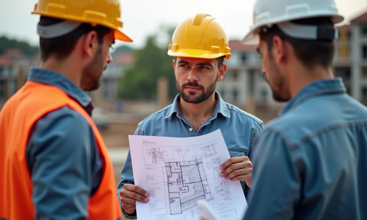 Arquiteto e cliente revisando os planos do sobradinho em uma obra.