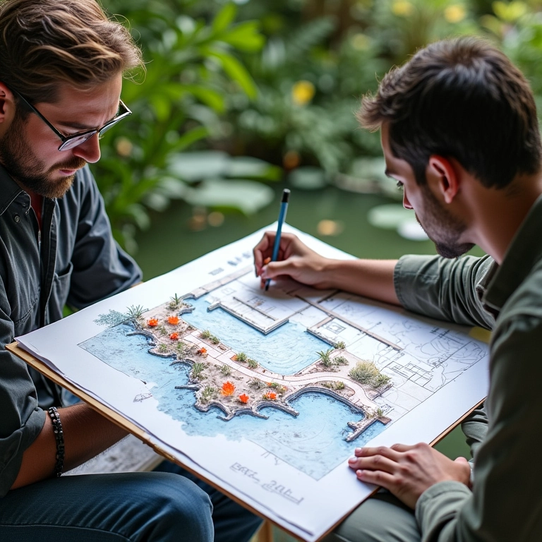 Arquiteto planejando as dimensões de um lago de carpas.
