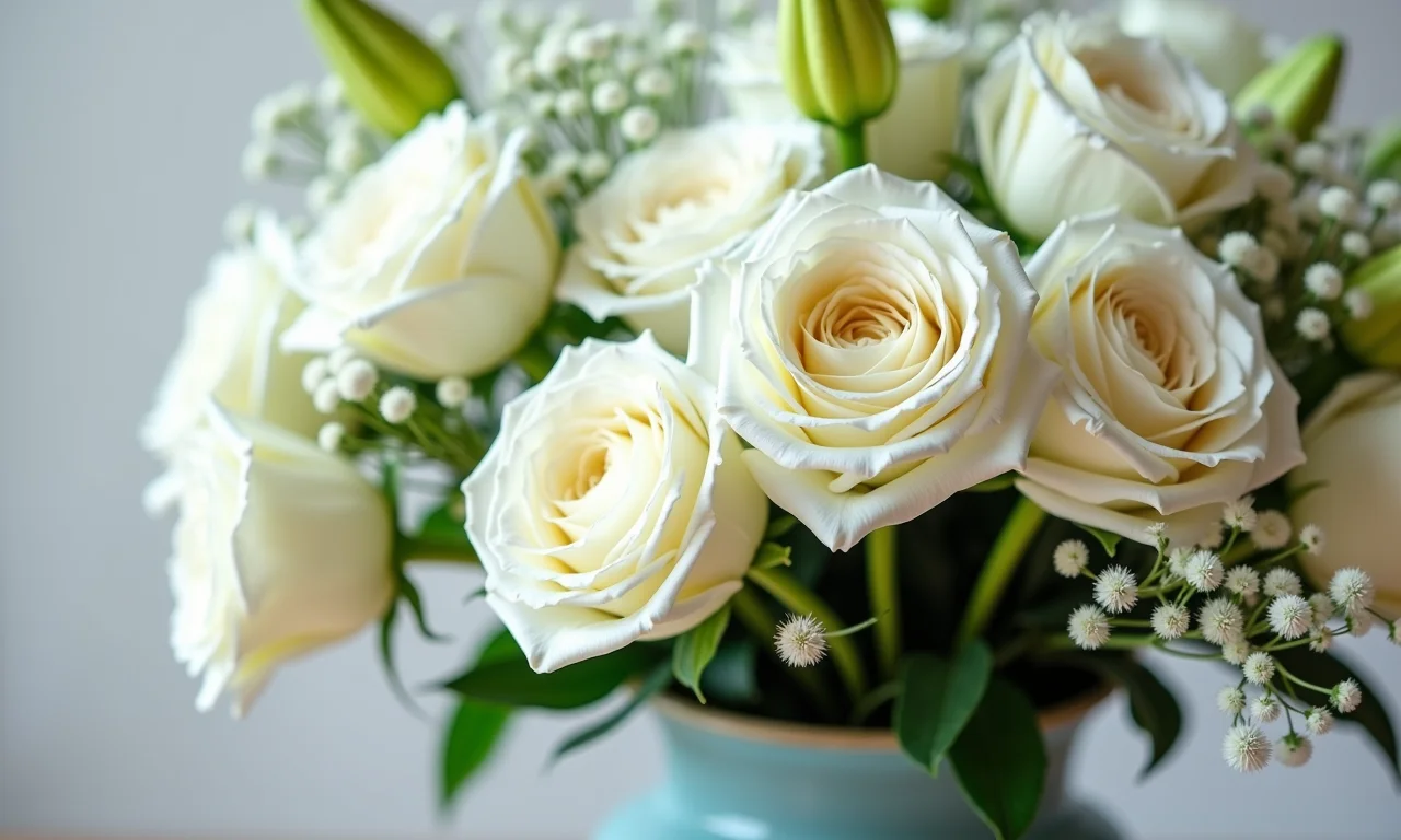 Arranjo de flores brancas em vaso vintage.