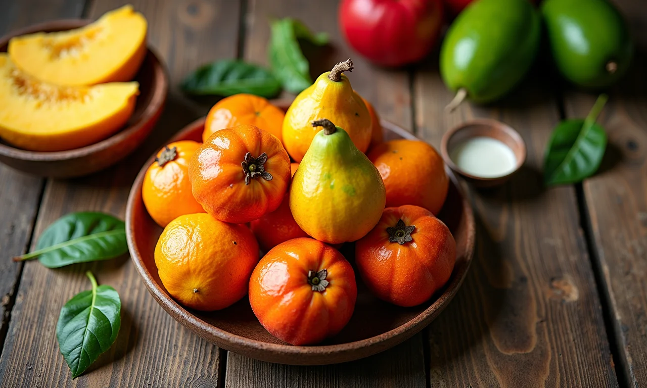 Arranjo vibrante de araçás frescos em mesa de madeira rústica.