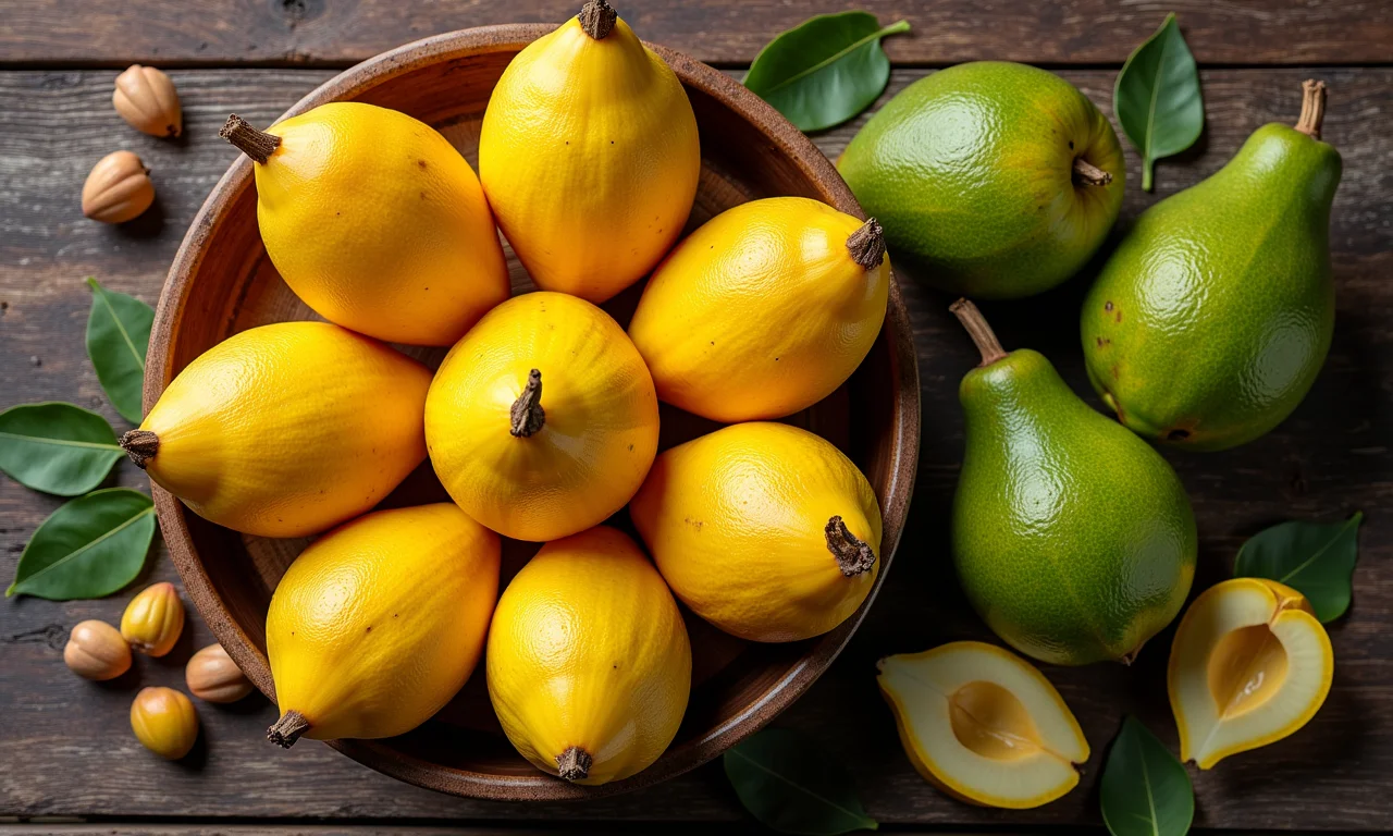 Arranjo vibrante de cabeludinha e jabuticaba amarela em mesa rústica.