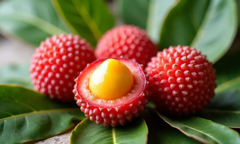 Arranjo vibrante de lichias frescas com folhas tropicais, representando o frescor e sabor da fruta.