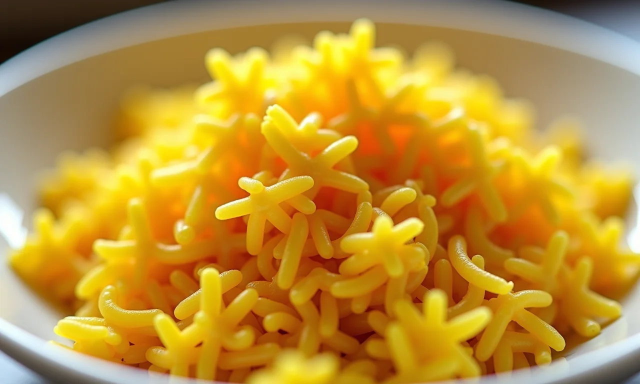 Arroz amarelo com açafrão em um bowl branco.