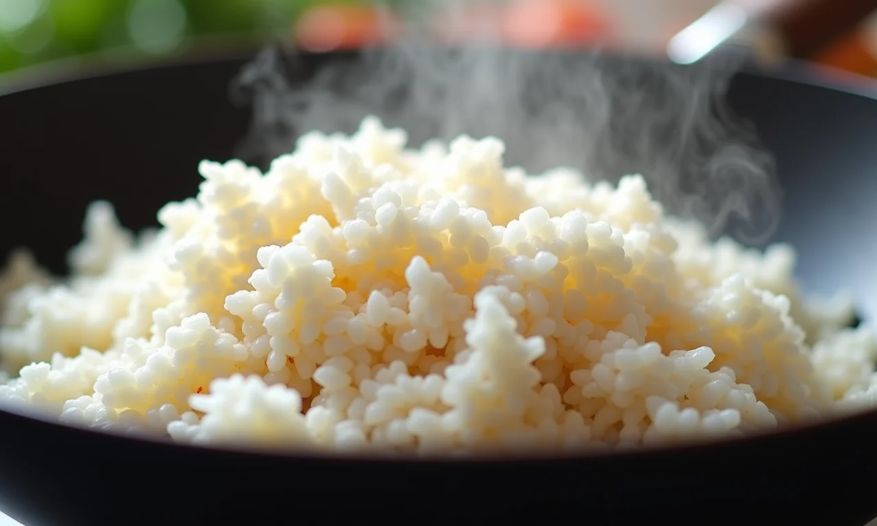 Arroz branco frito em uma wok, a base do nasi goreng.