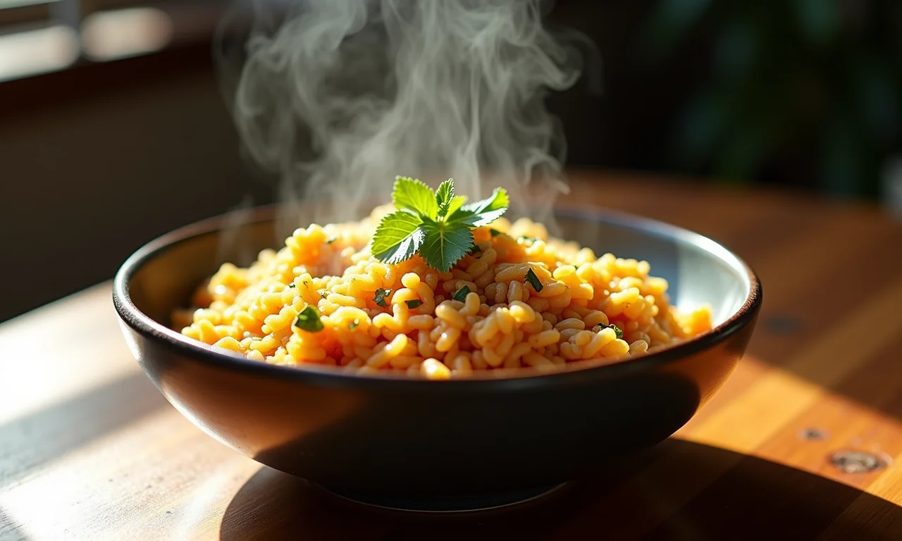 Arroz com guariroba fumegante em tigela rústica.