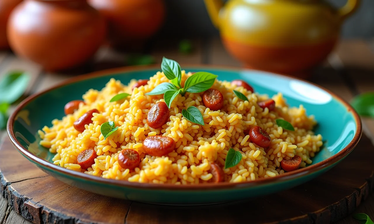 Arroz com murici e castanhas em prato de cerâmica.