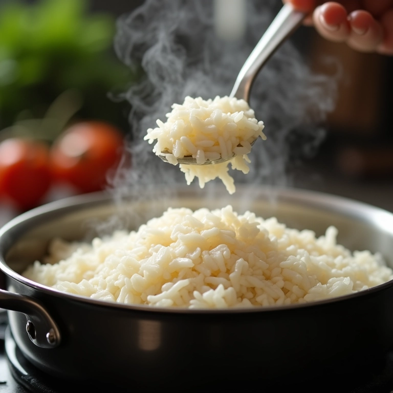 Arroz cozinhando com a quantidade certa de água.