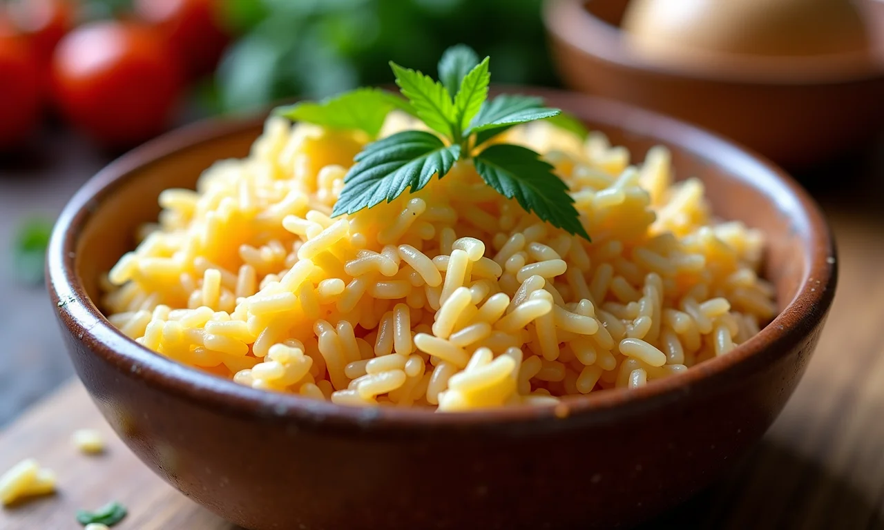 Arroz cremoso com pequiá servido em tigela de cerâmica artesanal.