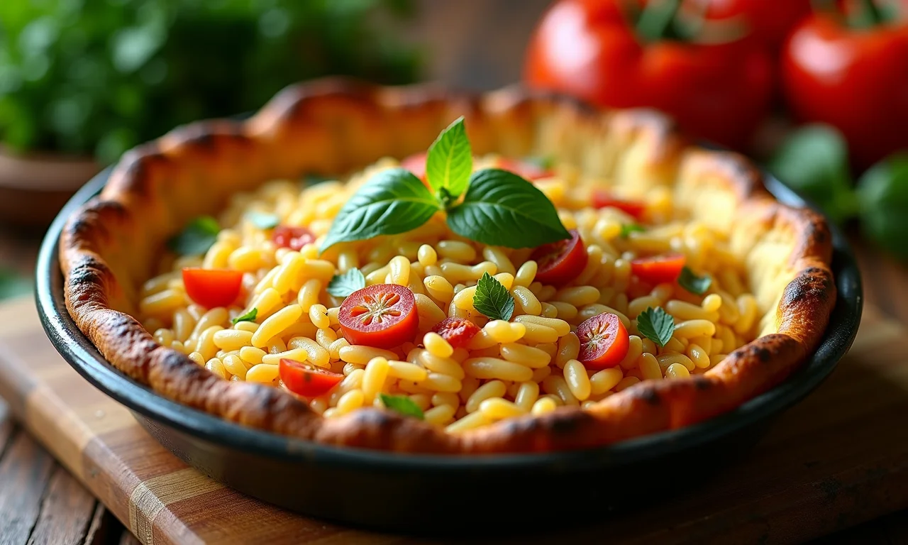 Arroz de forno com crosta dourada, queijo e legumes.