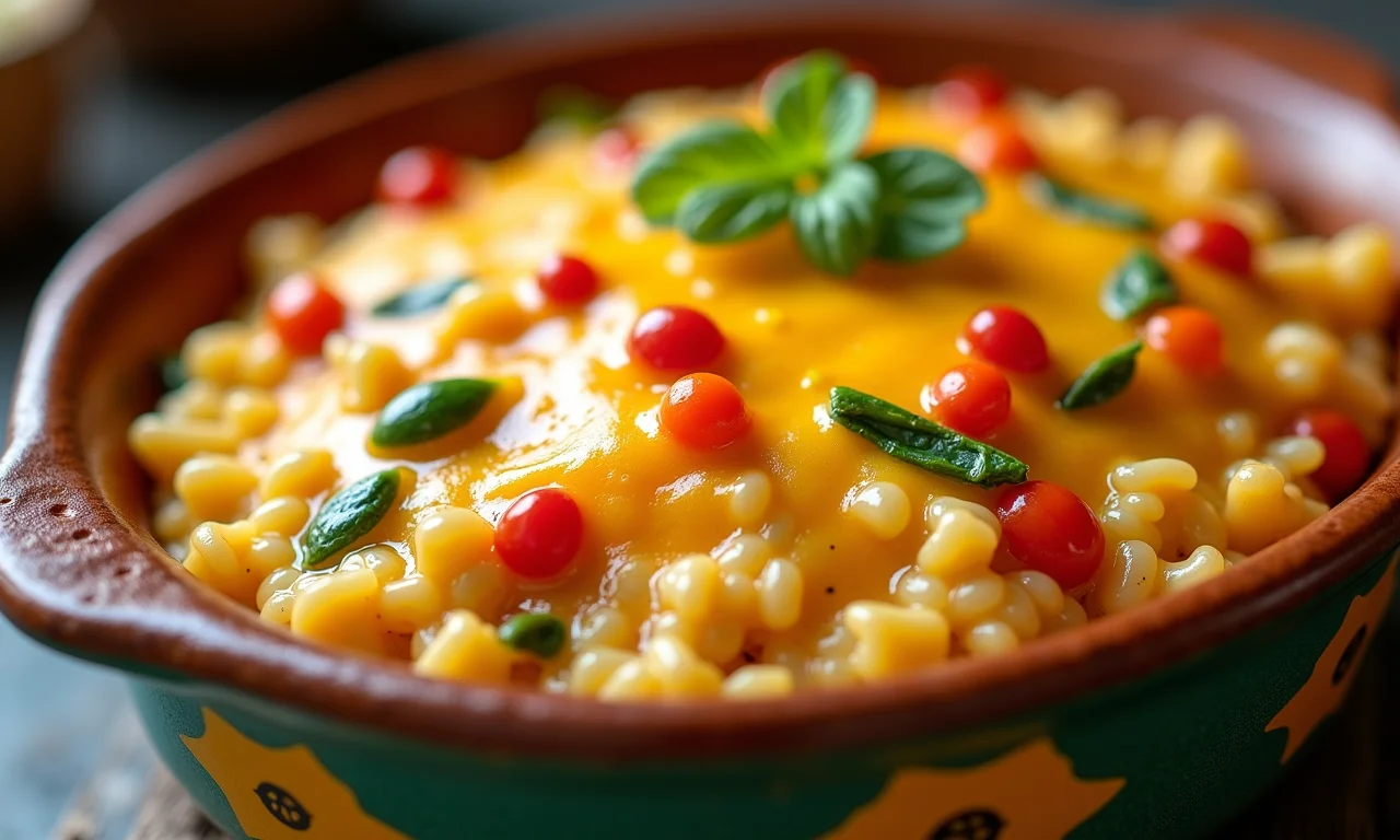 Arroz de forno cremoso com queijo derretido e legumes.