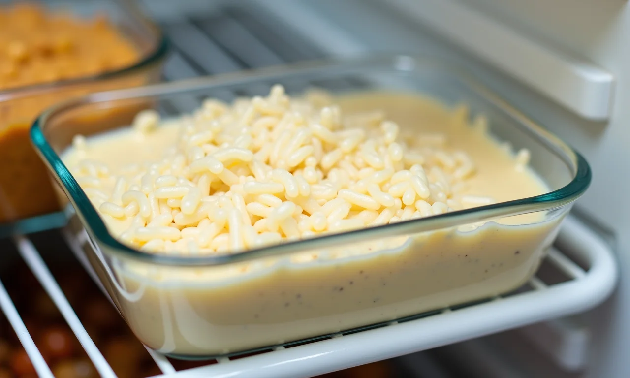 Arroz doce armazenado em pote de vidro na geladeira.