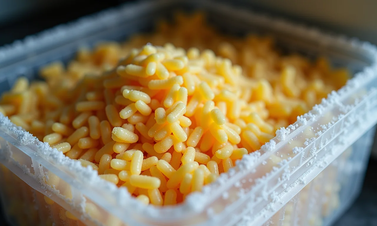 Arroz doce armazenado em pote no freezer.