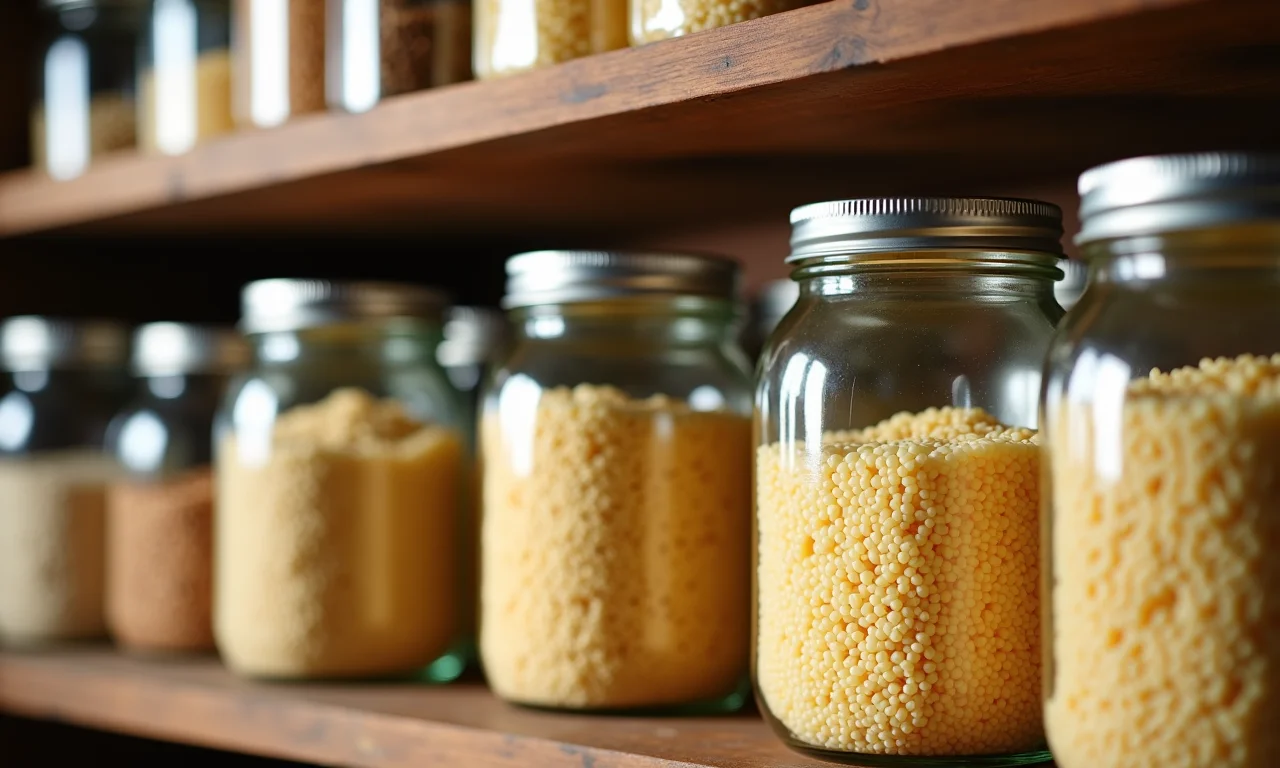 Arroz doce armazenado em potes de vidro.