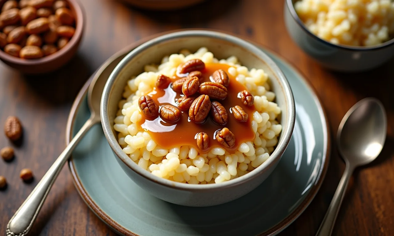 Arroz doce com doce de leite e nozes caramelizadas.