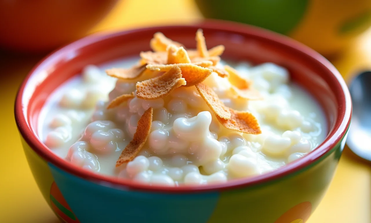Arroz doce com leite de coco e coco ralado.